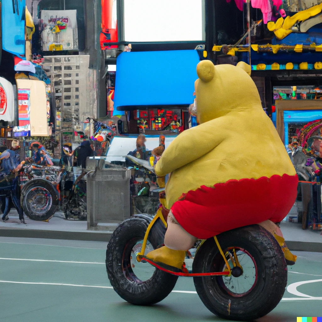 Prompt: Winnie the Pooh riding a Fat Tire Bike through Times Square New York City