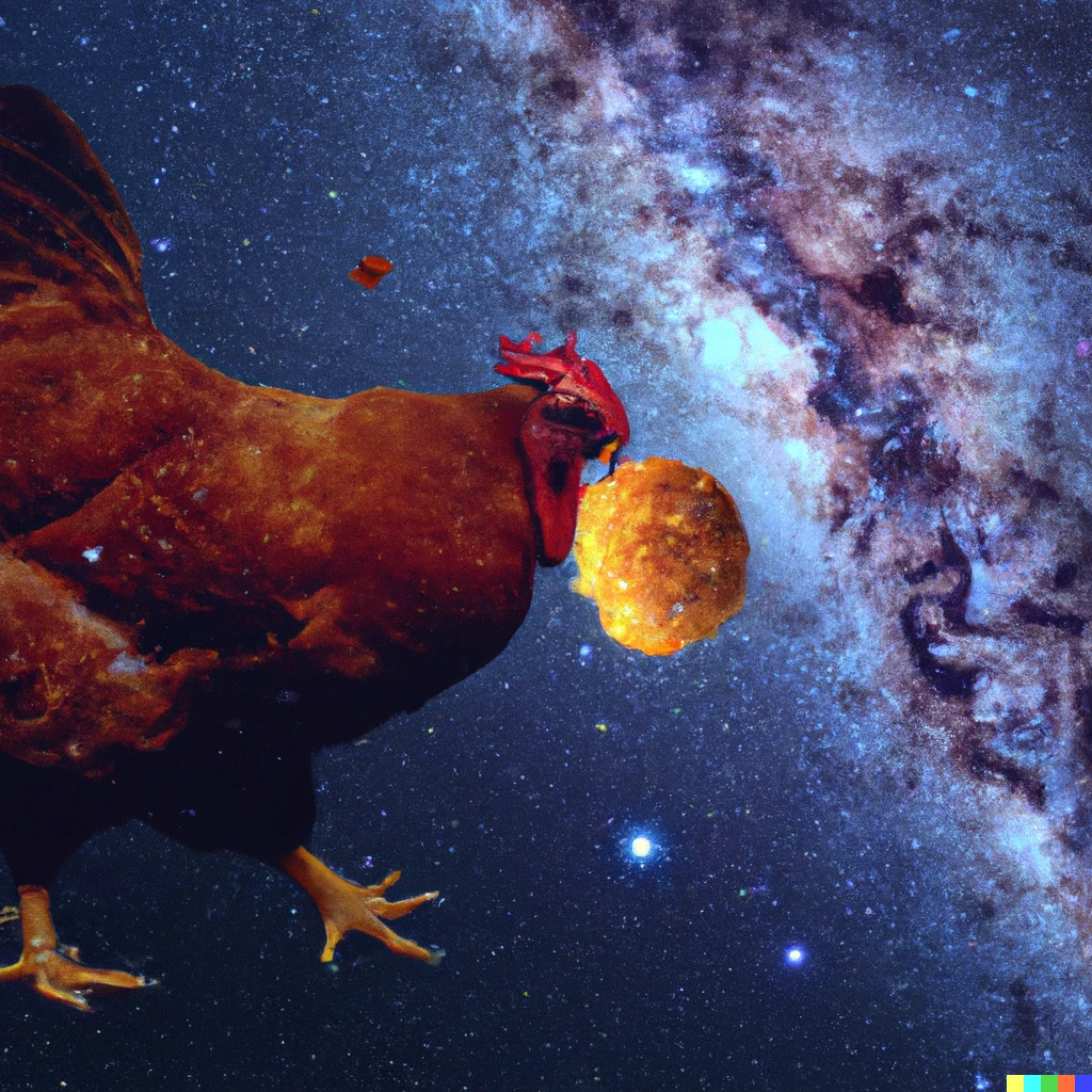 Prompt: A Giant Chicken is eating galaxy’s  in space