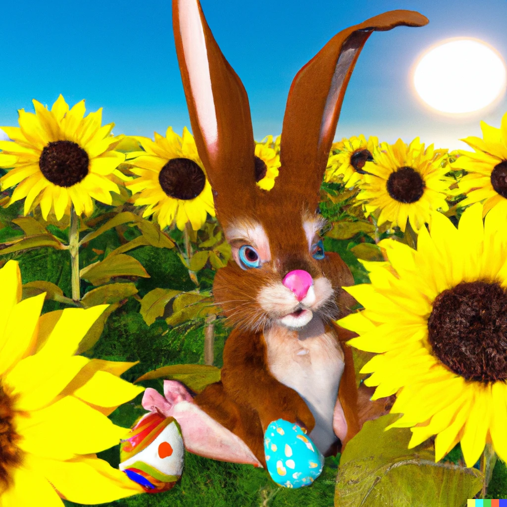 Prompt: Easterbunny laying ester eggs in field of sunflowers photorealistic 