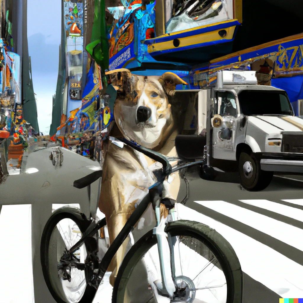 Prompt: Dog driving a Mountainbike in New York City Times Square Photorealistic