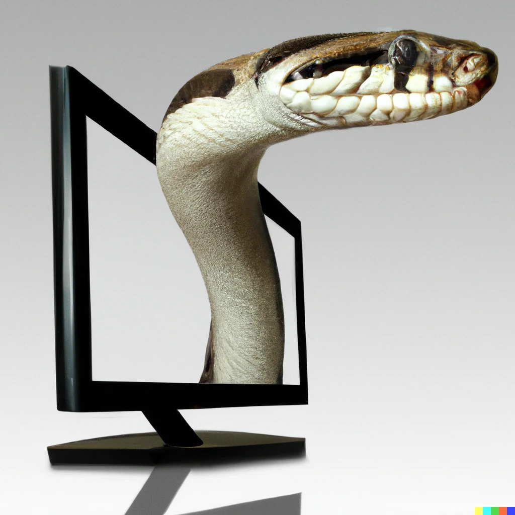 Prompt: Photo realistic head of a snake coming out of the side of a computer monitor while it's body is displayed on screen