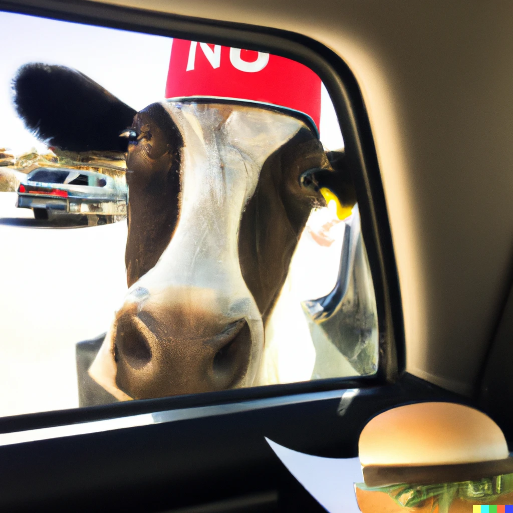 Prompt: A photograph of a cow in an in-n-out uniform serving me my hamburger through the drive-thru window