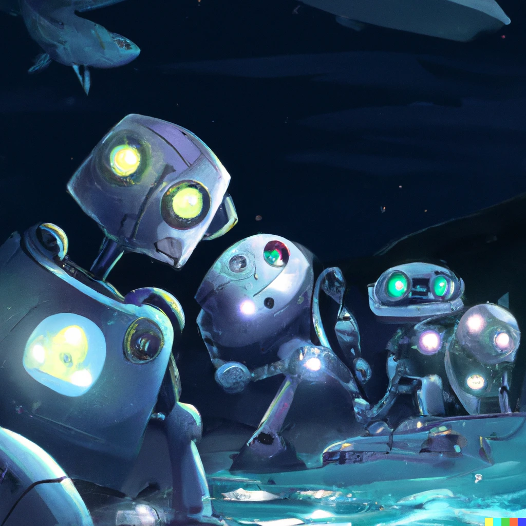 Prompt: Friendly underwater robots in space , digital art 