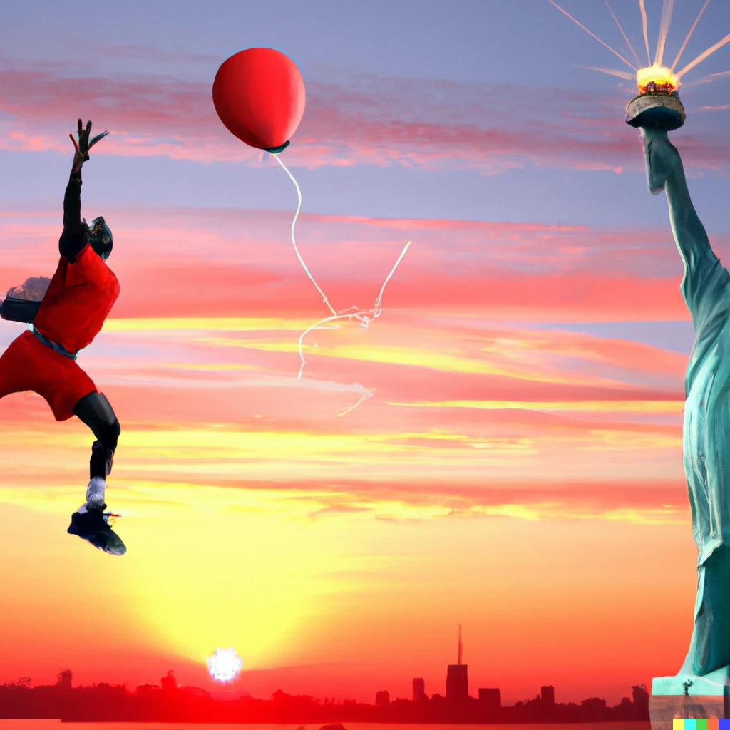 Prompt: Michael Jordan Dunking a red balloon over the Statue of Liberty with a sunset in the background 