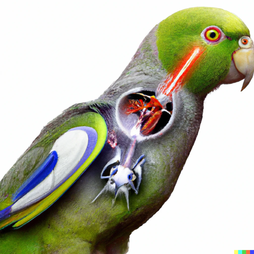 Prompt: Ultra realistic photo of a detailed anatomy of a cyborg alien parakeet