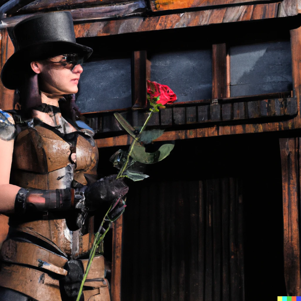 Prompt: A photo of a female steampunk cyborg holding a red rose in front of an old western saloon