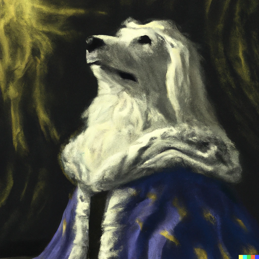 Prompt: A van Gogh style image of a white dog in a wizard robe looking into the heavens.