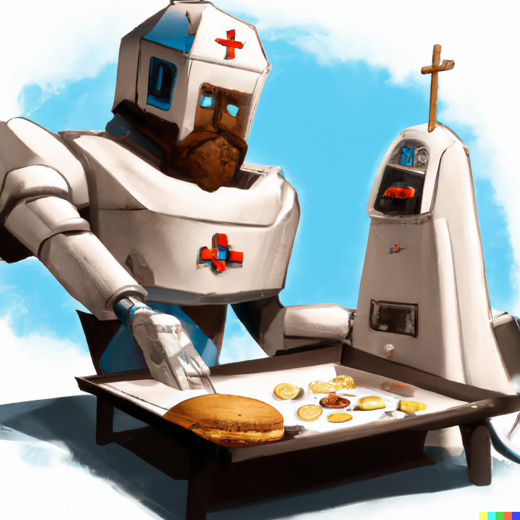 Prompt: Robot eating pancakes with jesus