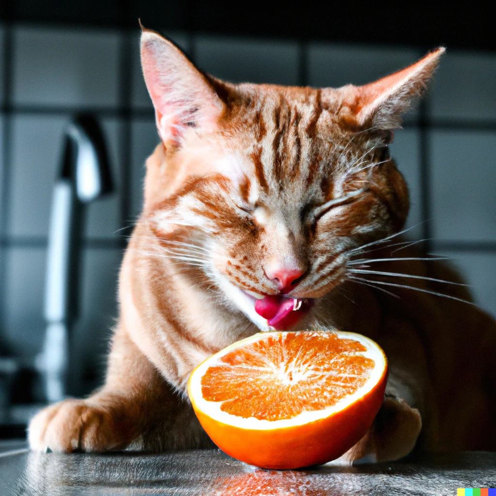 Prompt: A orange cat eating an orange, in the kitchen, Award winning photography 