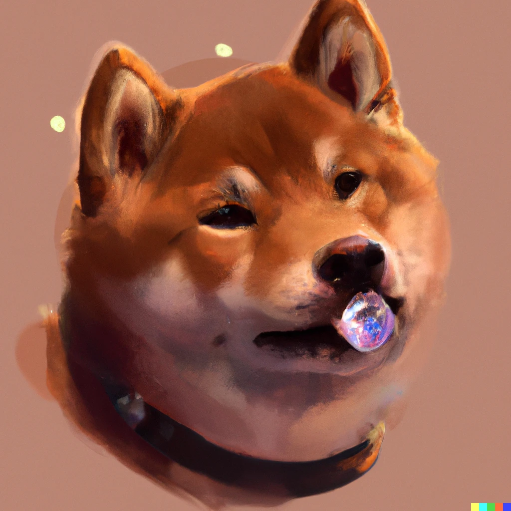 Prompt: cute shibainu holding a georgous gem in his mouth, digital art