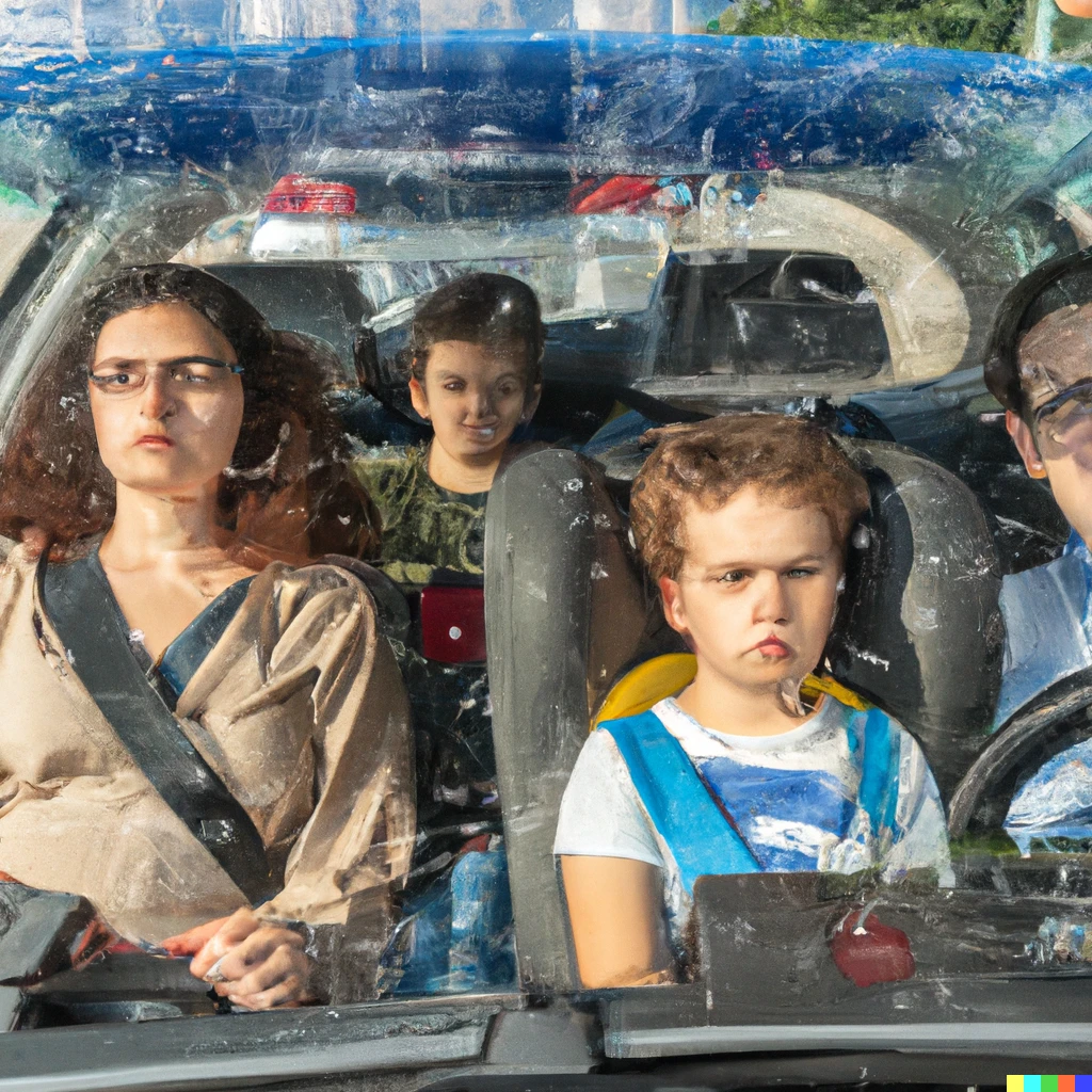 Prompt: A gloomy-faced family driving through the city in a transparent self-driving car