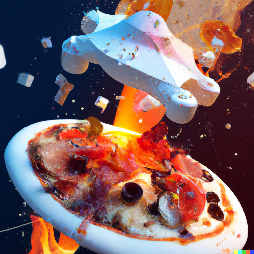 Prompt: Super futuristic flame pizza served by anti gravity drone, digital art