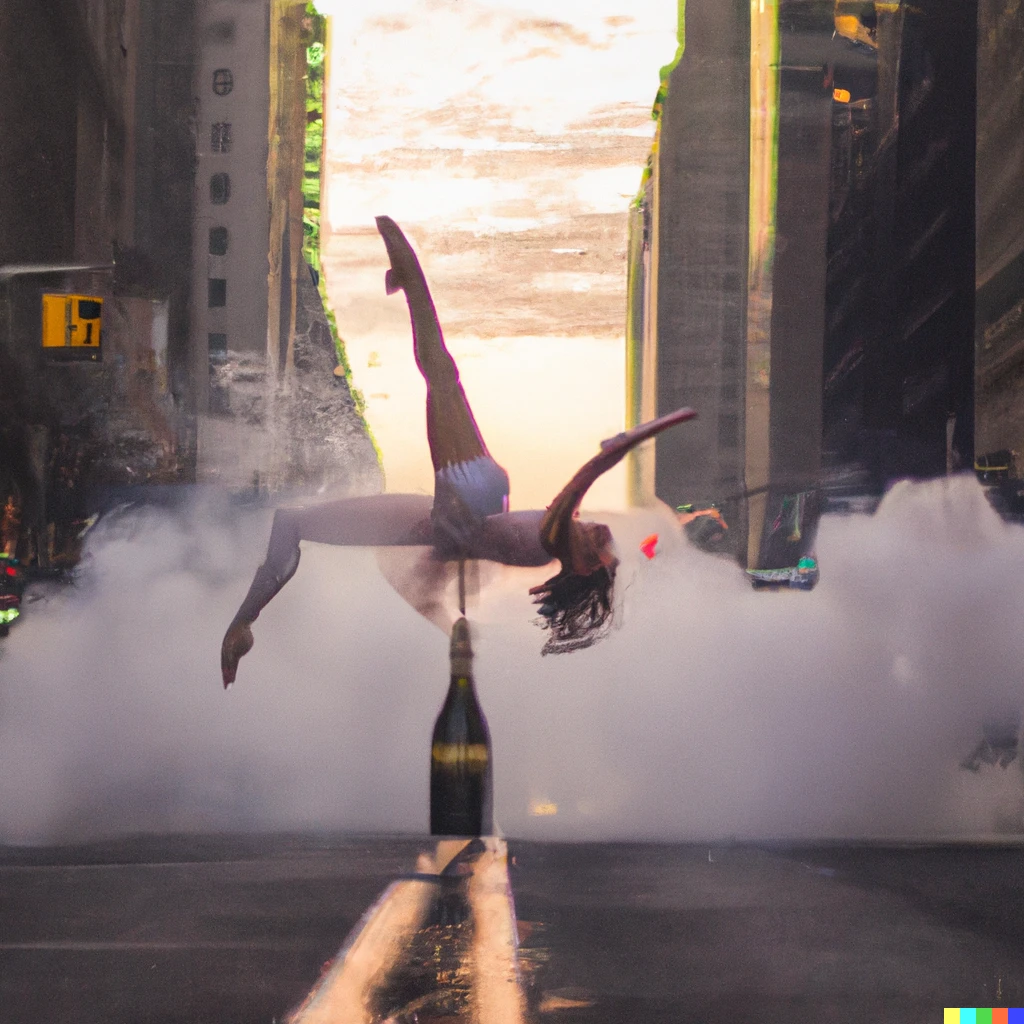 Prompt: A ballerina balancing on top of a bottle of champagne in the middle of the road in Manhattan during sunset, with steam coming out of a manhole and light fog