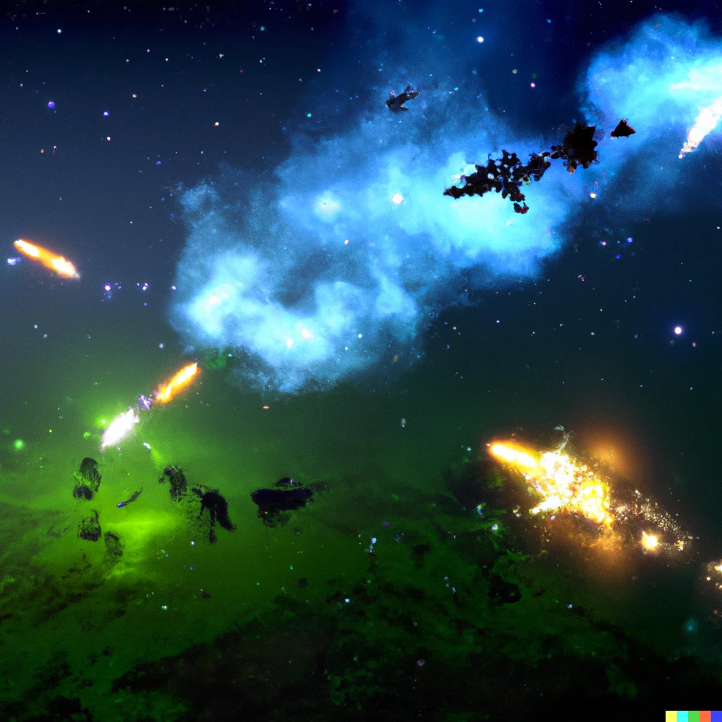 Prompt: An epic space battle with many small fighters firing green  and blue lasers at each other a couple large destroyers to the side, nebula in the background

