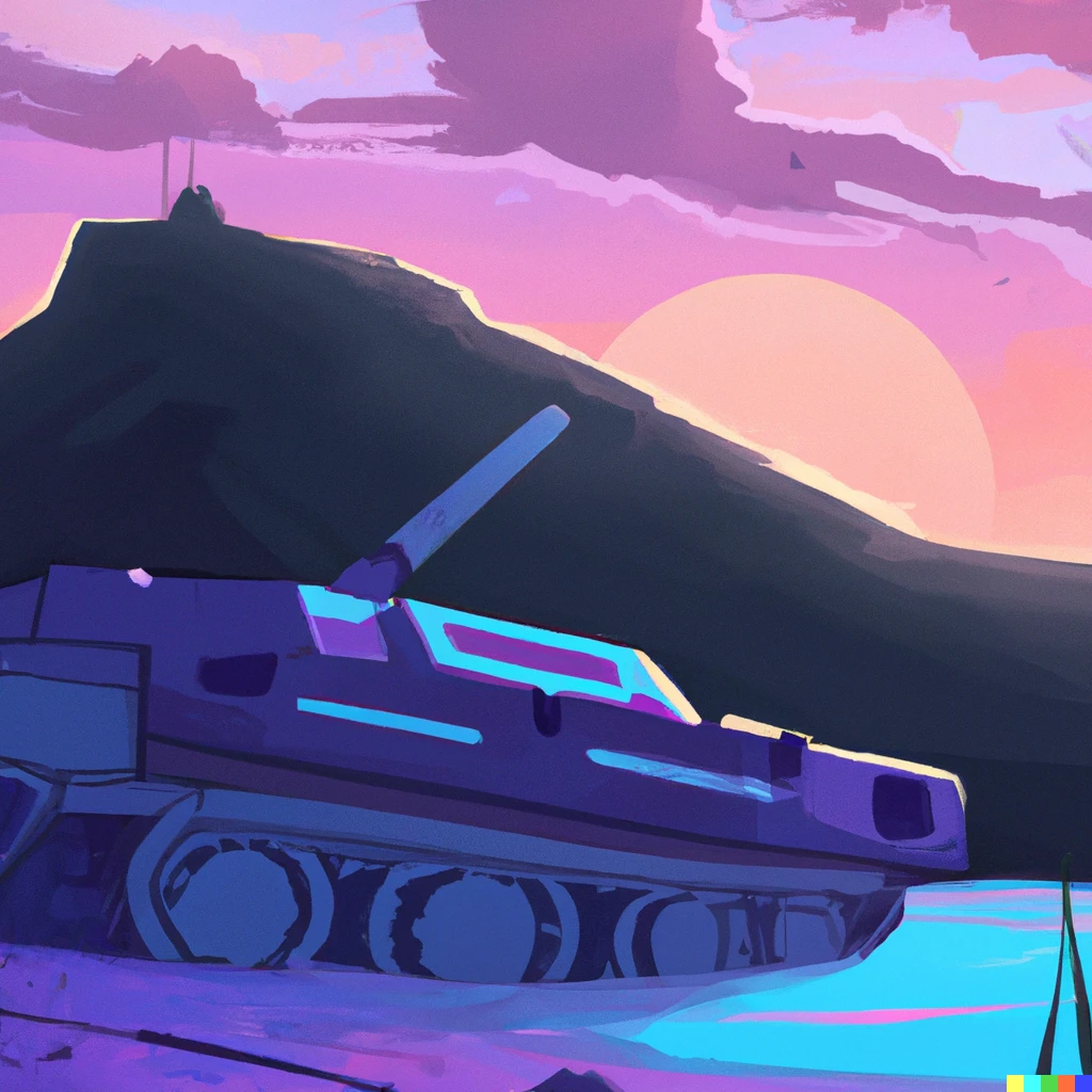 Prompt: A retrowave tank at the foot of a mountain with a purple sun setting
