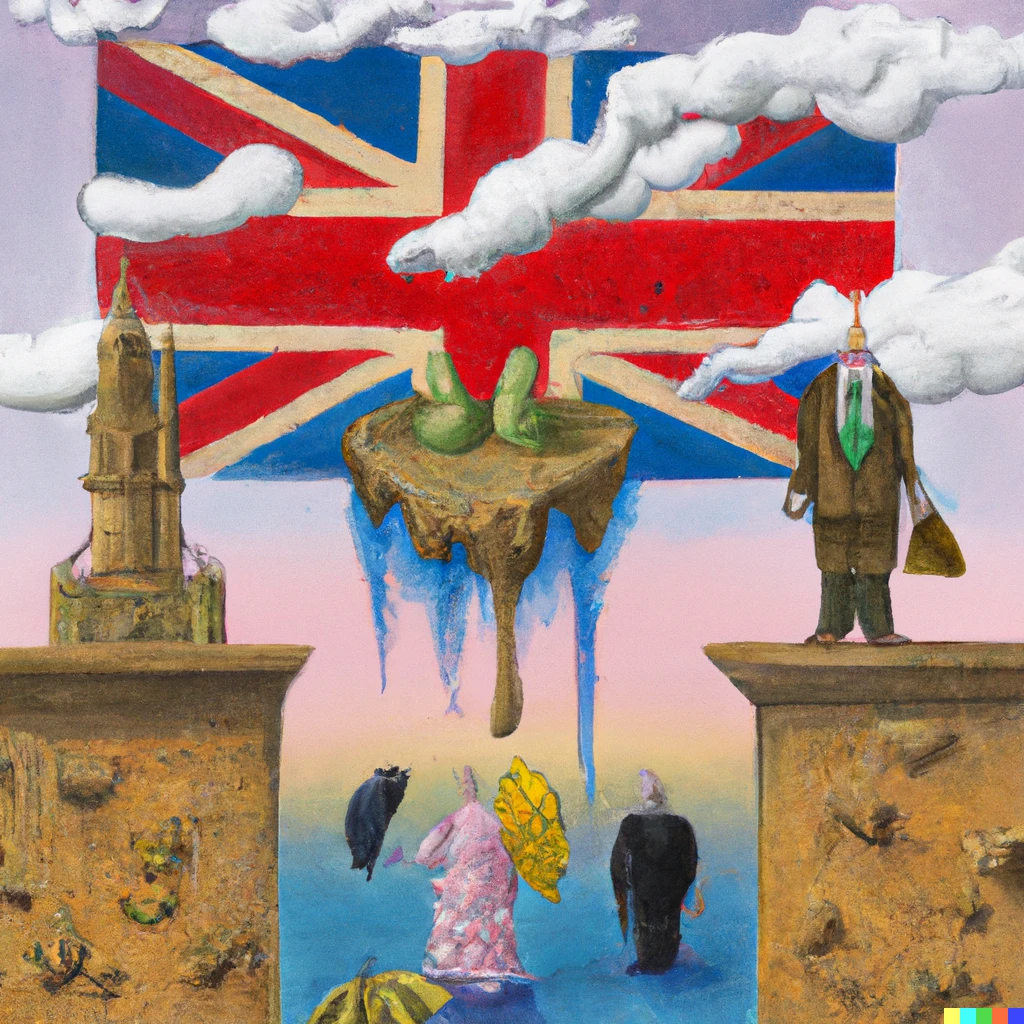 Prompt: satirical surrealist painting of the decline and fall of the British empire