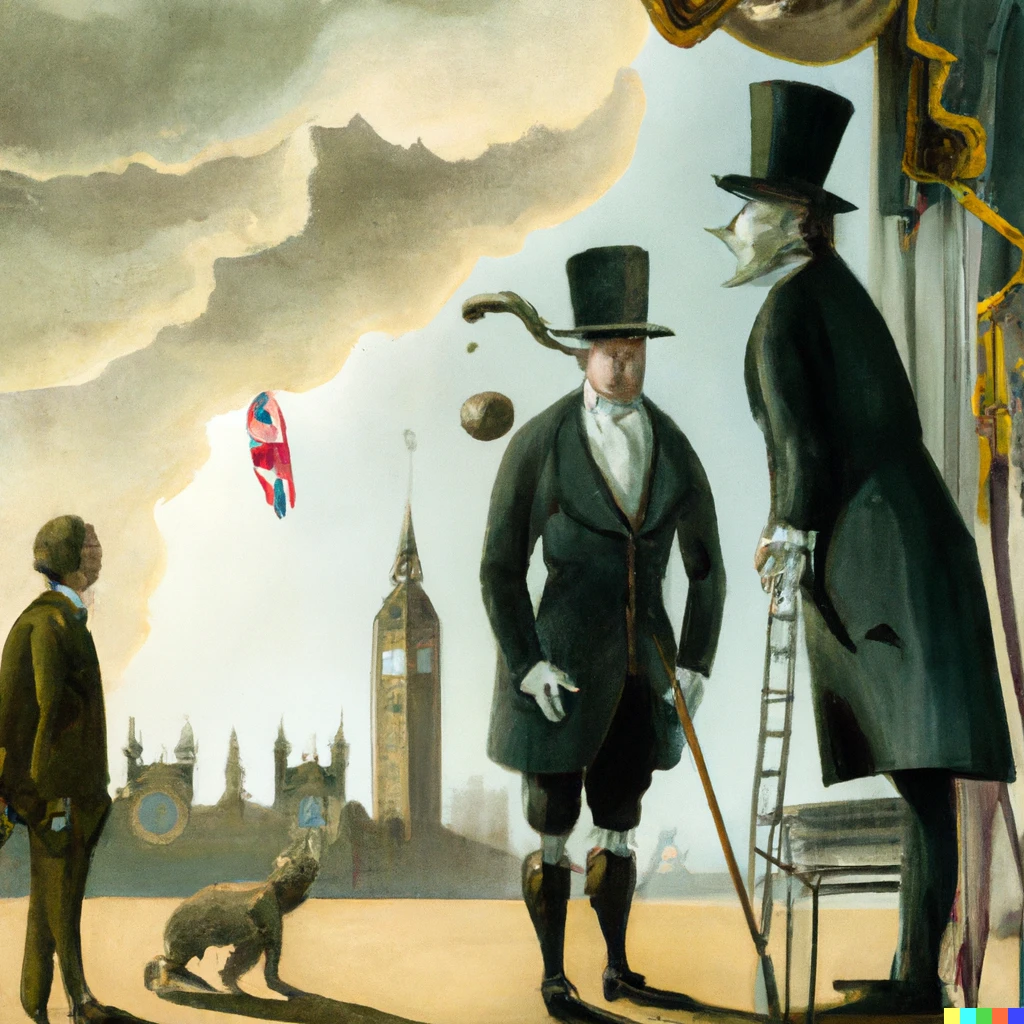 Prompt: satirical surrealist painting of the decline and fall of the British empire