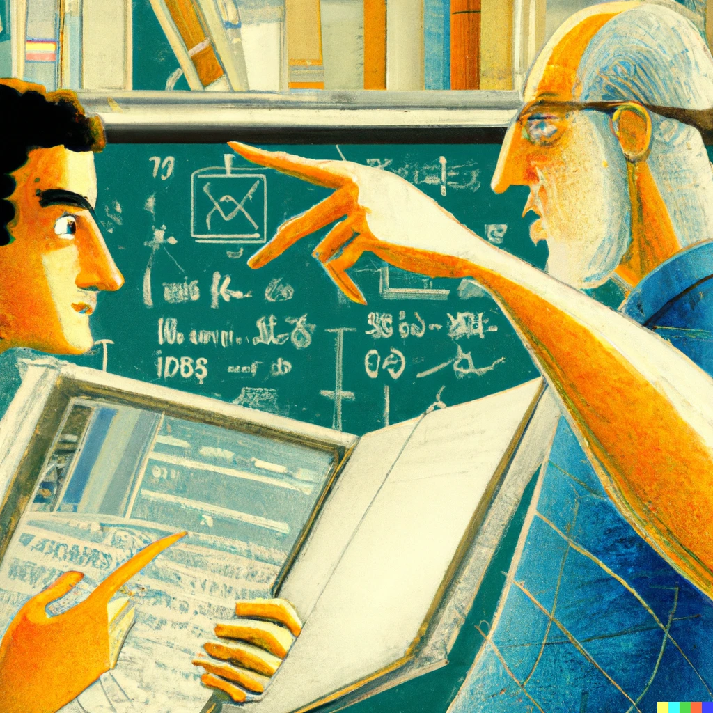 Prompt: a mathematician and a computer scientists debating over sports results digital art