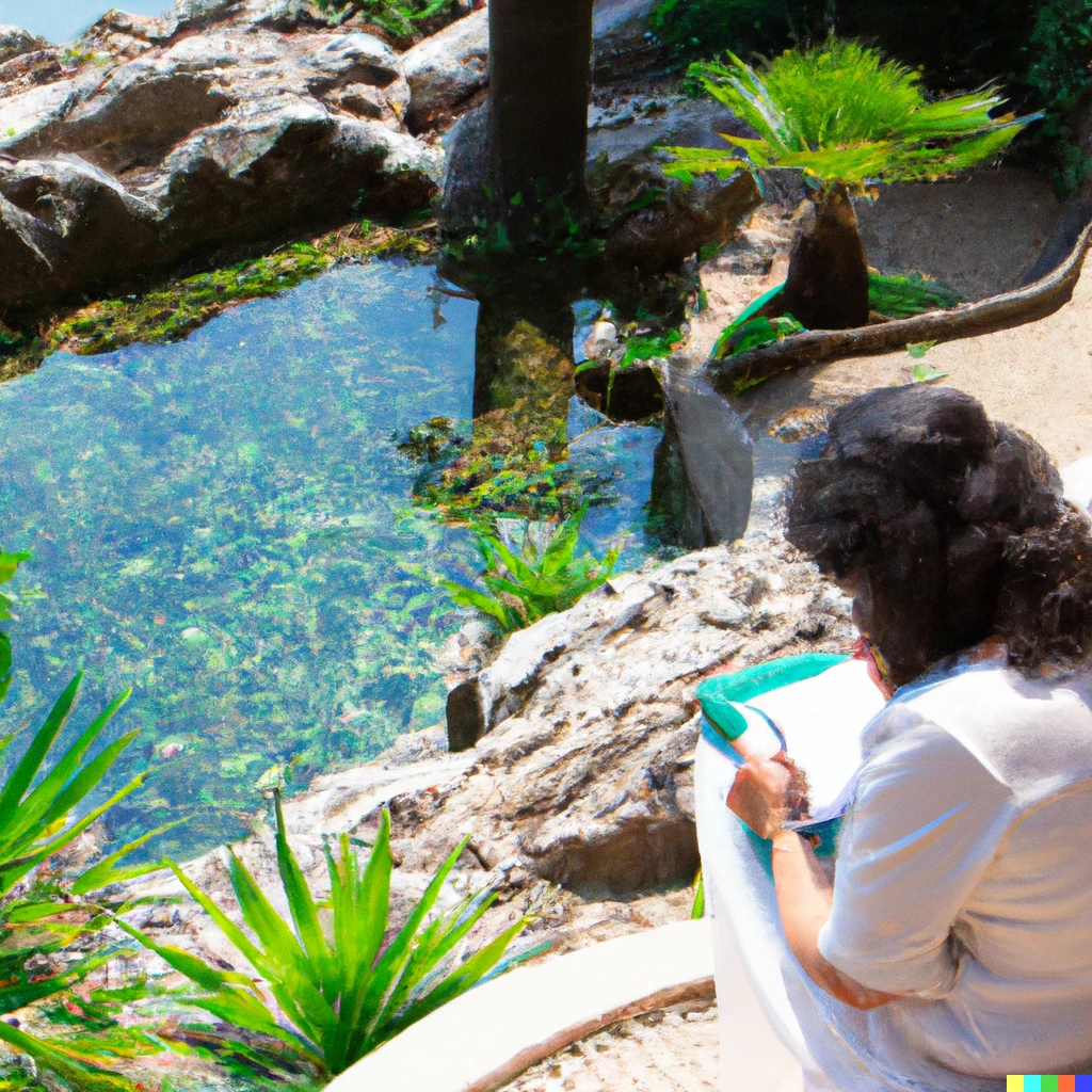 Prompt: A tiny ocean is in a Turkish garden. A woman writes a notebook about it.