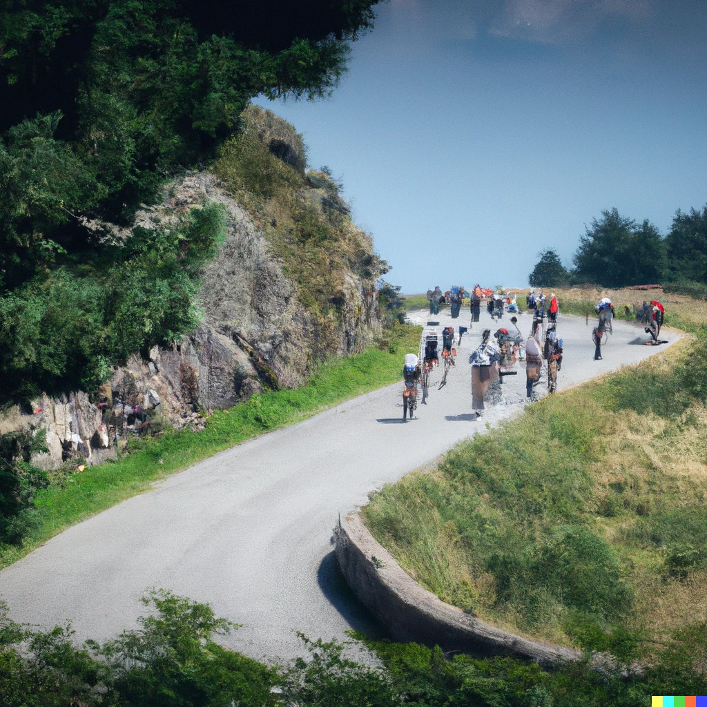 Prompt: a group of cyclists riding up a mountain road on a summer day as a Renaissance painting 