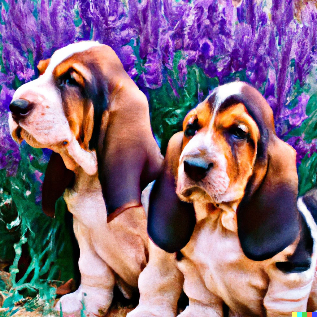 Prompt: basset hound puppies in a field of lavender flowers in impressionist style oil painting
