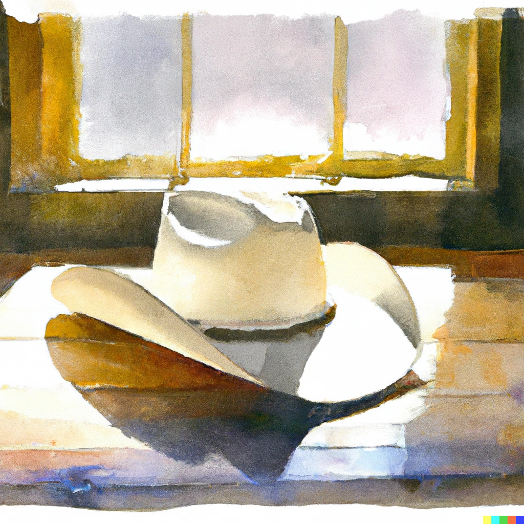 Prompt: watercolor painting of an off-white cowboy hat on a wooden table in front of a window 