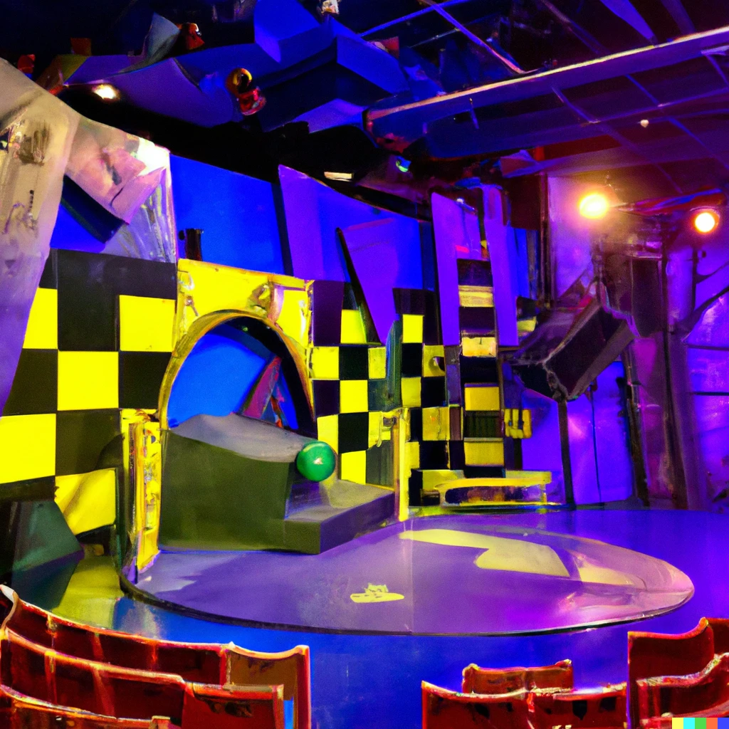 Prompt: Chuck e cheese play place as the set for a dramatic theatre play