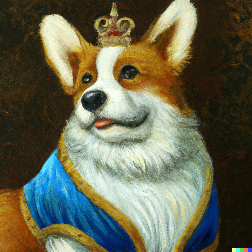Prompt: Historical oil painting of a corgi, decorated as an aristocrat, wearing a crown.