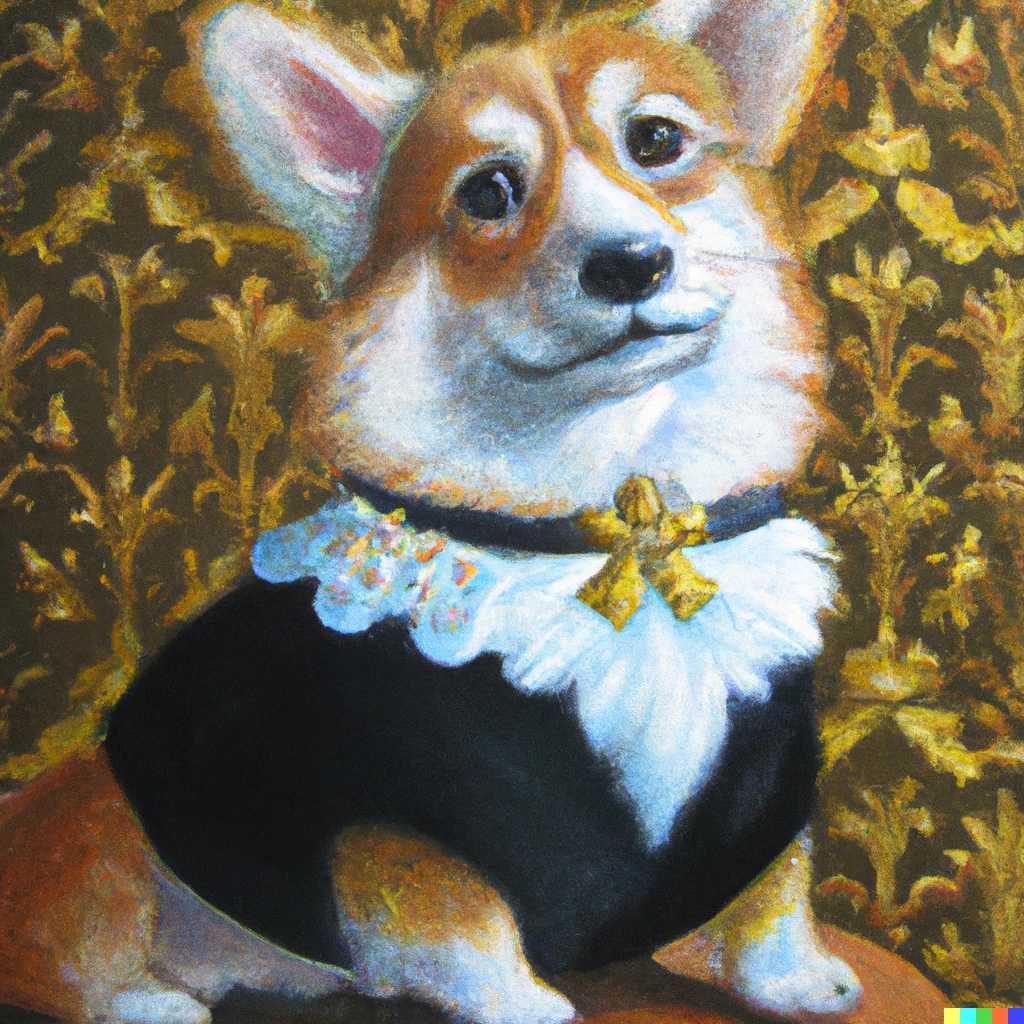 Prompt: Oil painting of a corgi decorated as an aristocrat.