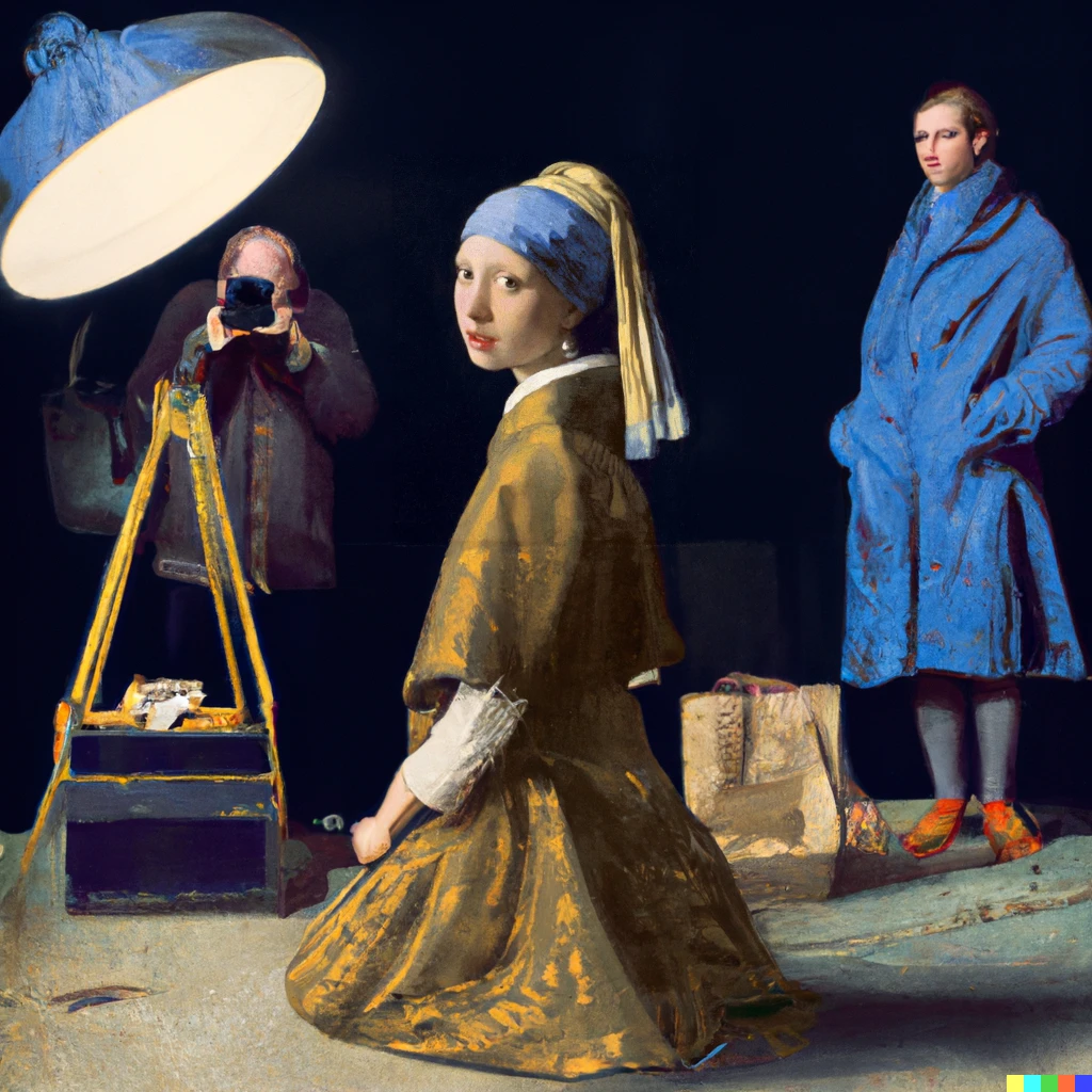 Prompt: studio scene for taking photographs of a fashion model with photographers, cameras on tripods, and many lights, extremely detailed oil painting