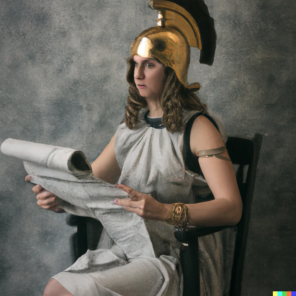 Prompt: A photo of the goddess Athena wearing a Corinthian helmet and  reading a newspaper.