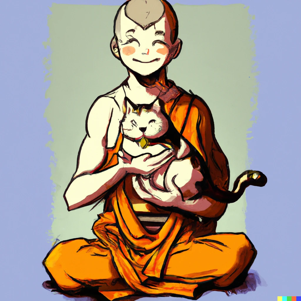 Prompt: Buddha holding a kitten, manga style