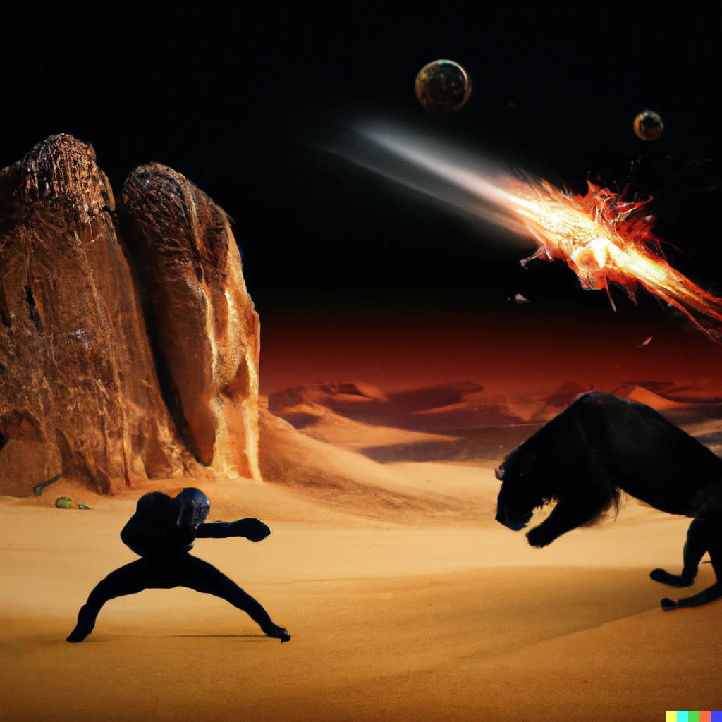 Prompt: Ninja fight against a lion in the desert, a meteorite is falling in the background. Visual art.