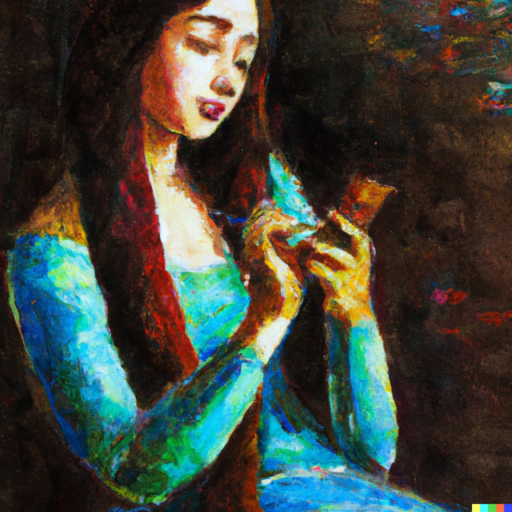 Prompt: A da Vinci colorful oil painting of girl writing in her smartphone