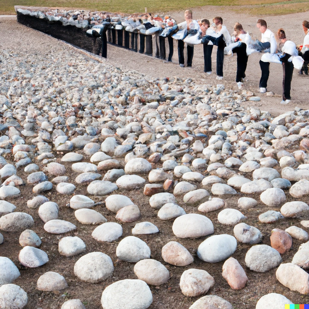 Prompt: A thousand students stand in a row in a stone desert. Each one picks up a pebble, turns it over. Notes that there is nothing under it. Writes a PhD thesis about their turning technique. 