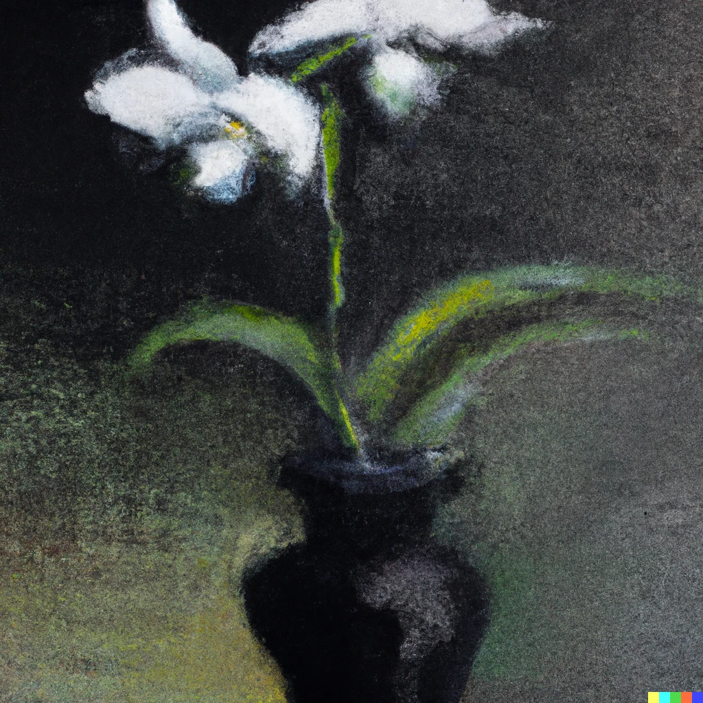 Prompt: An impressionist oil painting of a white egret orchid in a black vase