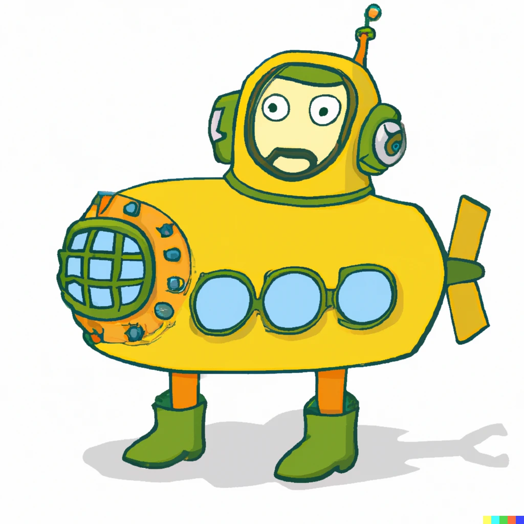 Prompt: A robot in the style of the Beatles film Yellow Submarine