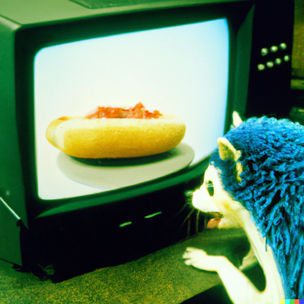 Prompt: sonic the hedgehog displayed on CRT TV, eating chili dog, 16mm photograph 1999