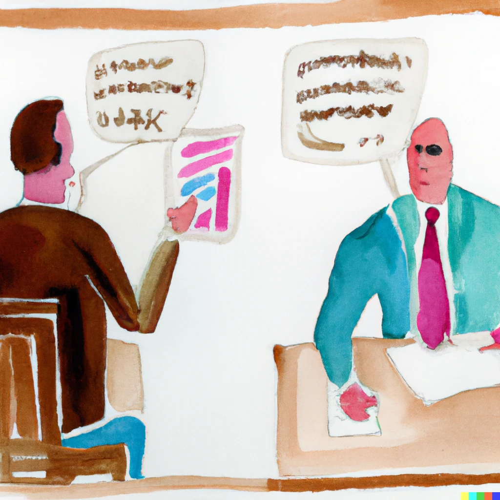 Prompt: an watercolor painting of an investment banker getting a bad performance review