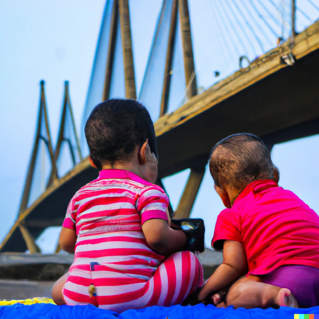 Prompt: Photo of two babies playing  with the  bandra worli sea link in the back drop, afternoon, Mumbai, 2020, YouTube 