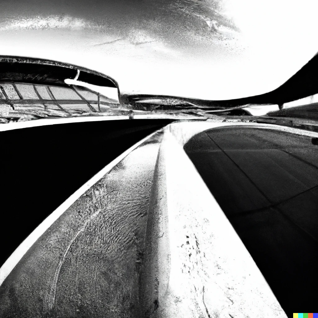 Prompt: A futuristic, wide racing track designed by Zaha Hadid, fisheye photo from the 50's, grainy, black and white