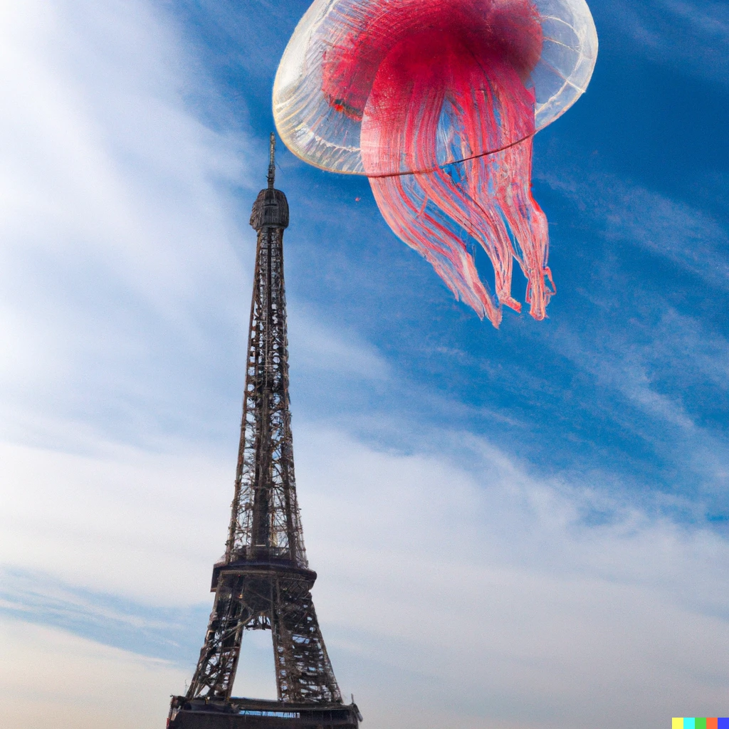 Prompt: a giant jellyfish floating in the sky above the eiffel tower