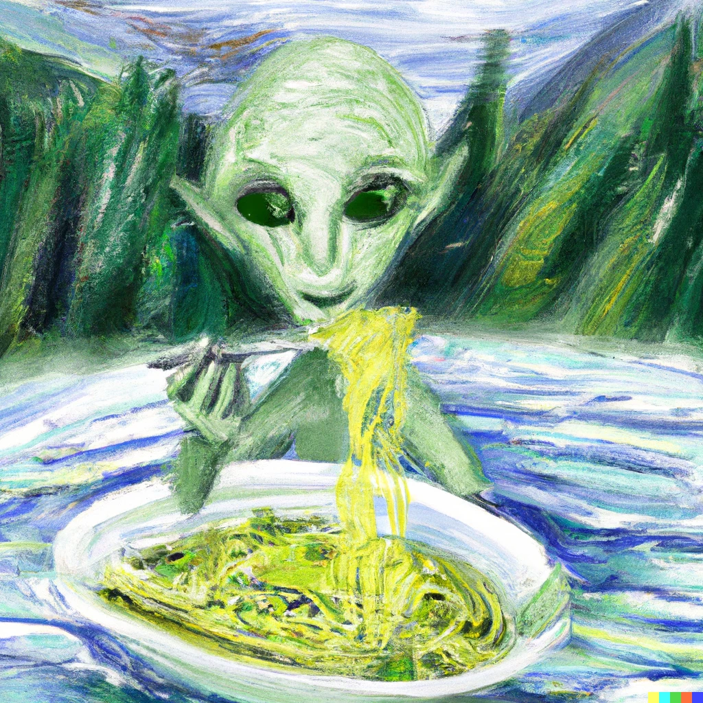 Prompt: An alien eating pasta on a boat, Claude Monet style
