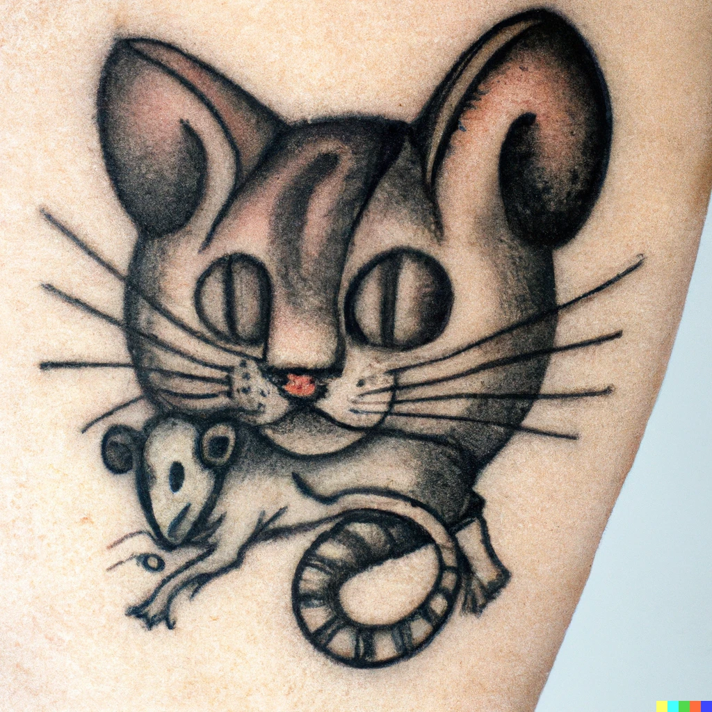 Prompt: A tattoo of a cat and mouse designed by Picasso, white background, detailed
