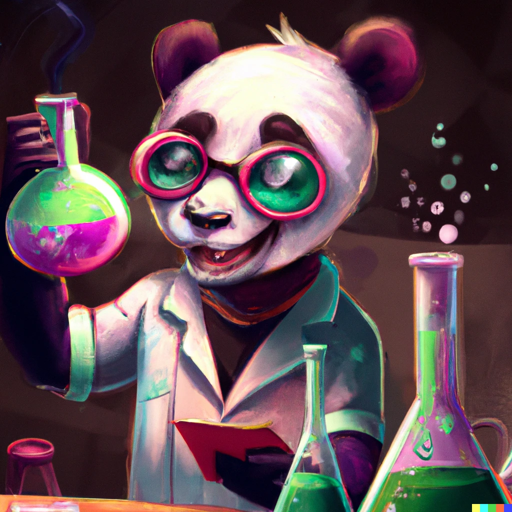 Prompt: panda mad scientist mixing sparkling chemicals, digital art