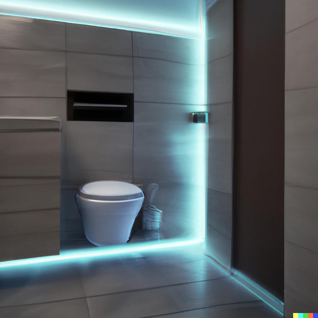 Prompt: Toilet in an open plan bathroom lit up with a LED strip - photorealist 