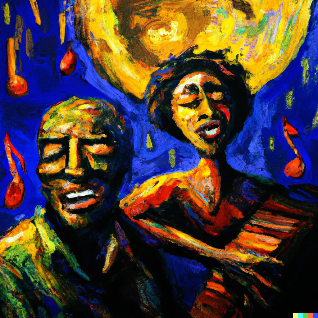 Prompt:  An abstract oil painting by Vincent van Gogh of two stranger' singing song of Nina Simone's "feeling good" like a fool on a night has a full moon, digital art