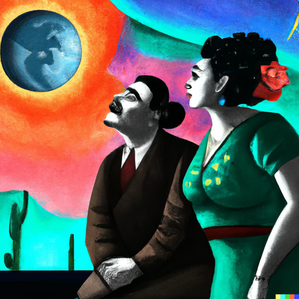 Prompt: Frida Kahlo and Diego Rivera is watching sunset at the sky, futuristic art nouveau