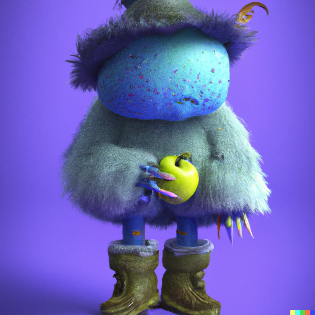 Prompt: a blue furry monster in a purple room holding an apple on his feet wearing yellow leather boots and a hat with blue feathers on his head 3D render