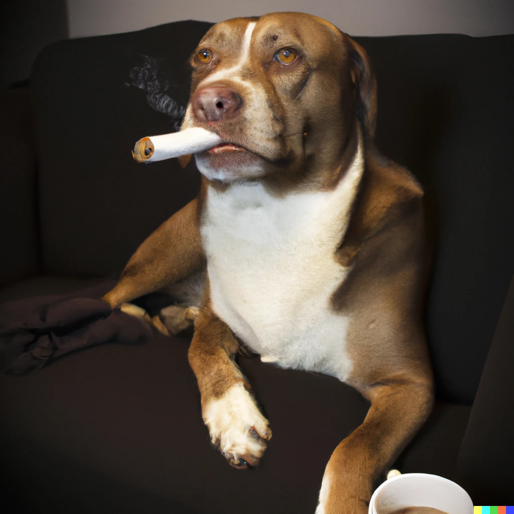 Prompt: a brown and white labrador mix sitting on a black couch holding a cup of coffee and cigar in his mouth